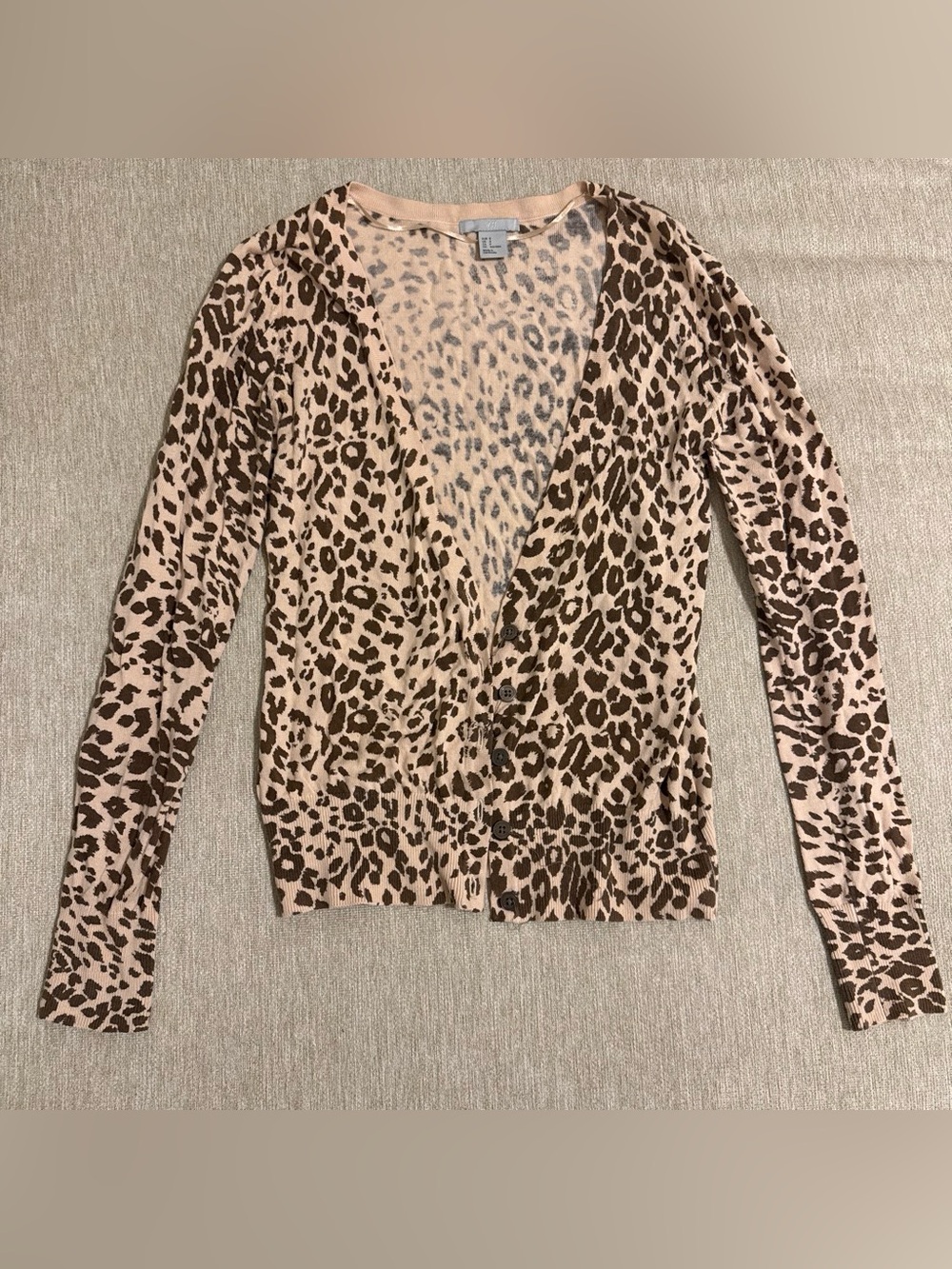 H&M Beige and Brown Leopard Print V-Neck Cardigan